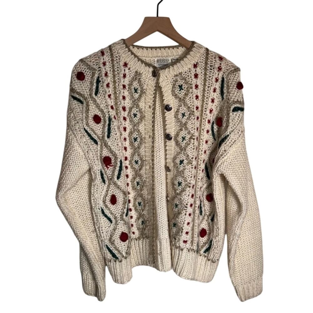 VINTAGE RUSS STUDIO coastal grandma chunky knit cozy button up cardigan S
